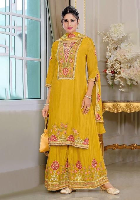Yellow Embroidery Chinon Pakistani Suit Set