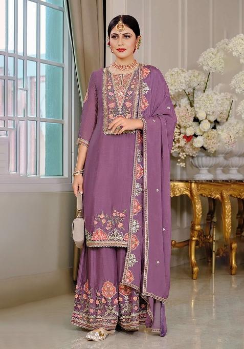 Purple Embroidery Chinon Pakistani Suit Set