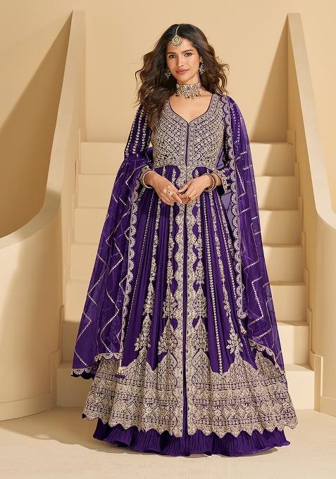 Purple Embroidery Chinon Pakistani Suit With Dupatta