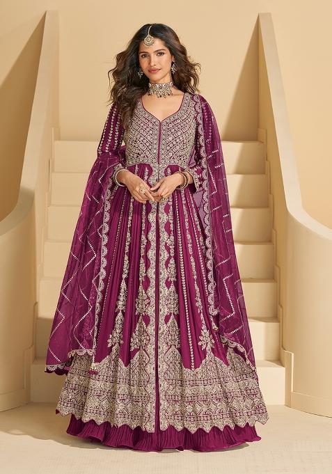 Magenta Embroidery Chinon Pakistani Suit With Dupatta