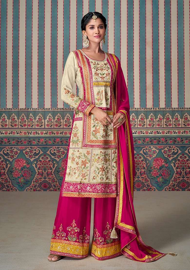 Beige Embroidery Chinon Pakistani Suit Set - Indya