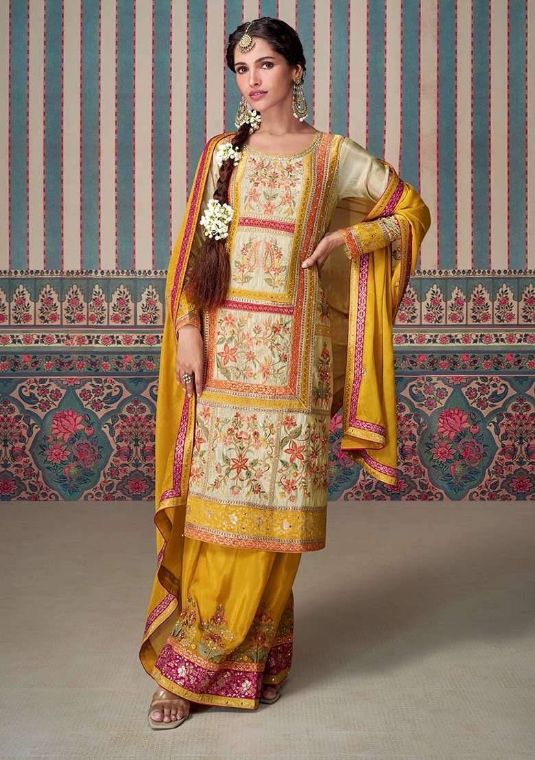 Beige Embroidery Chinon Pakistani Suit Set - Indya