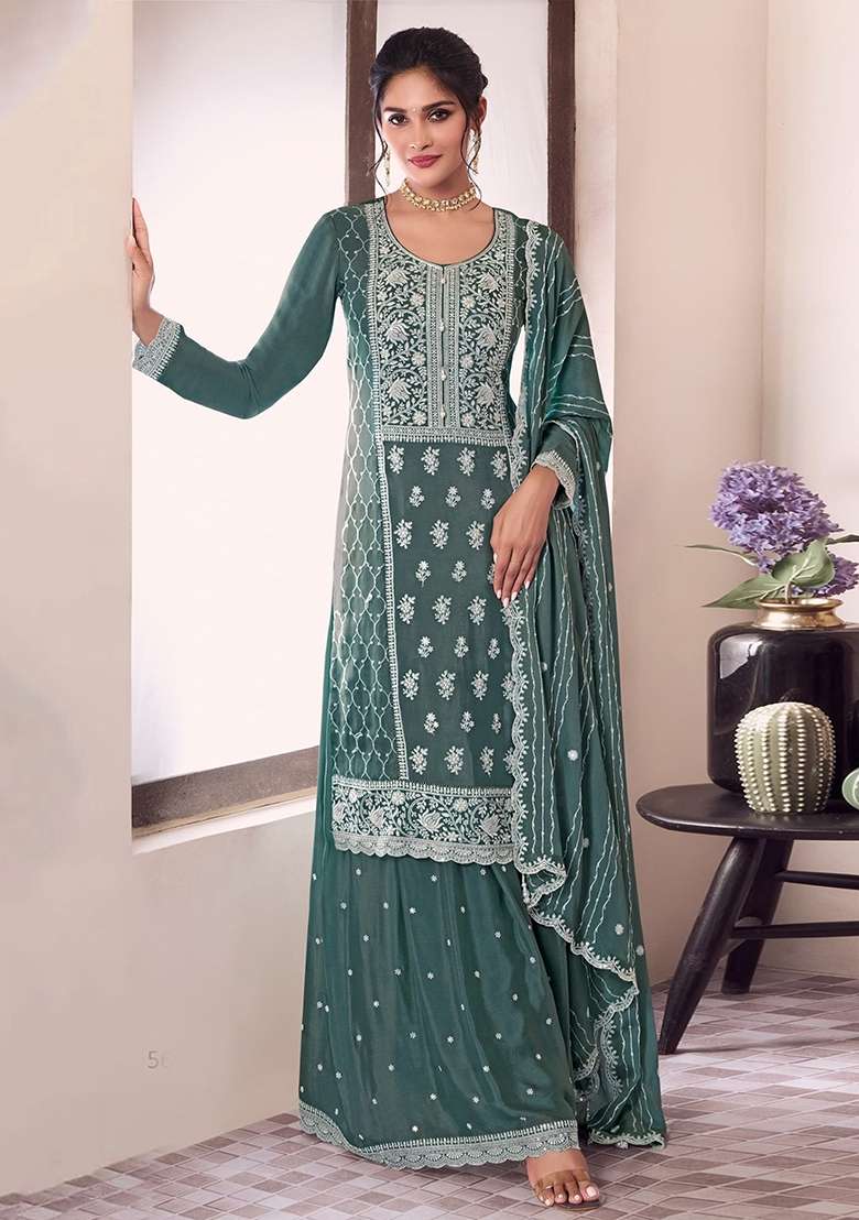 Green Embroidery Chinon Pakistani Suit Set - Indya