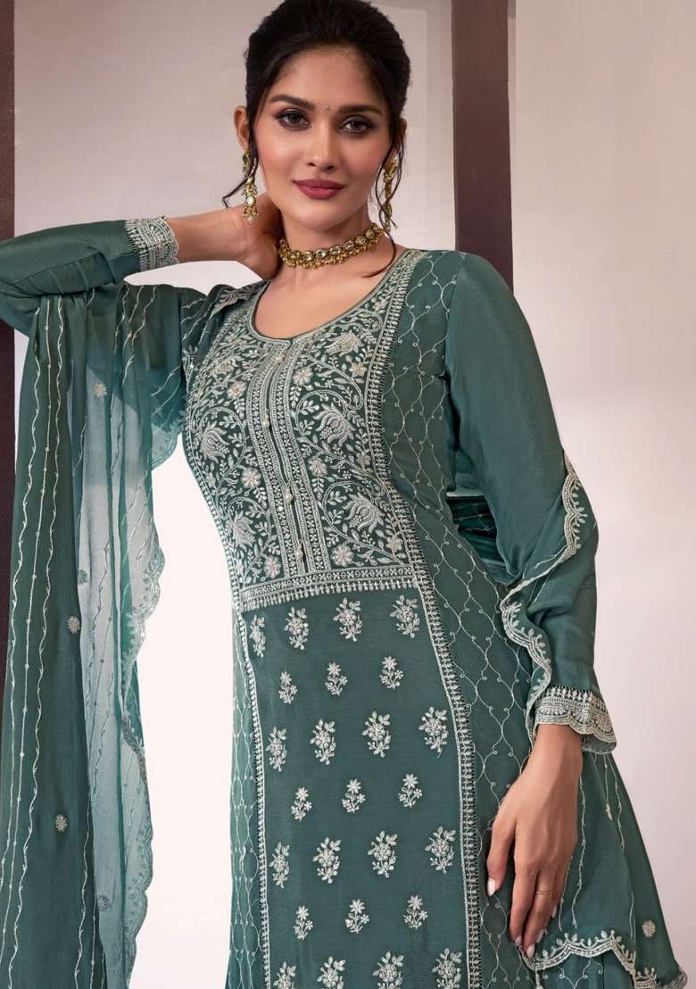 Green Embroidery Chinon Pakistani Suit Set - Indya