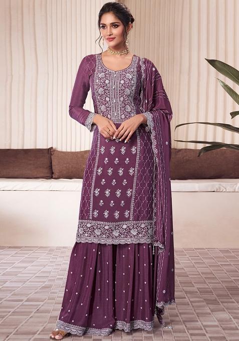 Purple Embroidery Chinon Pakistani Suit Set