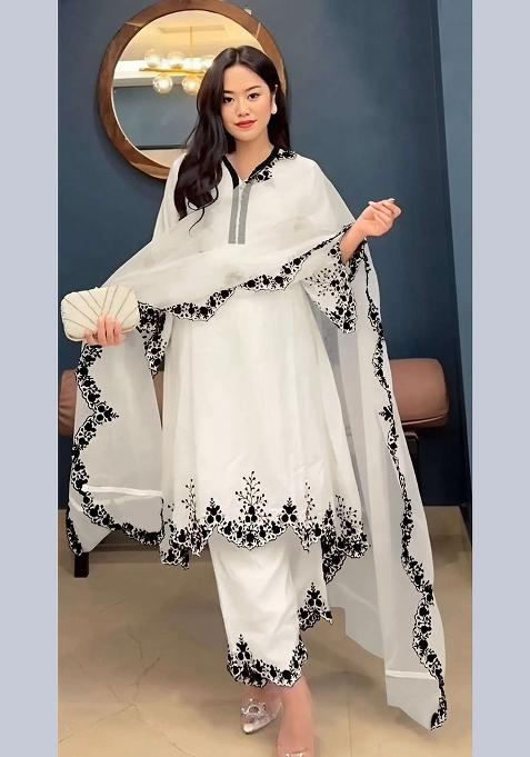 White Embroidery Georgette Pakistani Suit Set