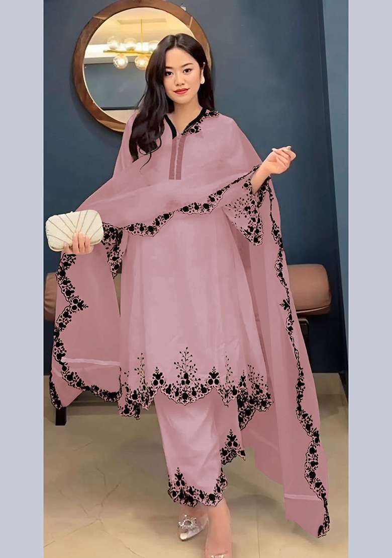 Pink Embroidery Georgette Pakistani Suit Set - Indya