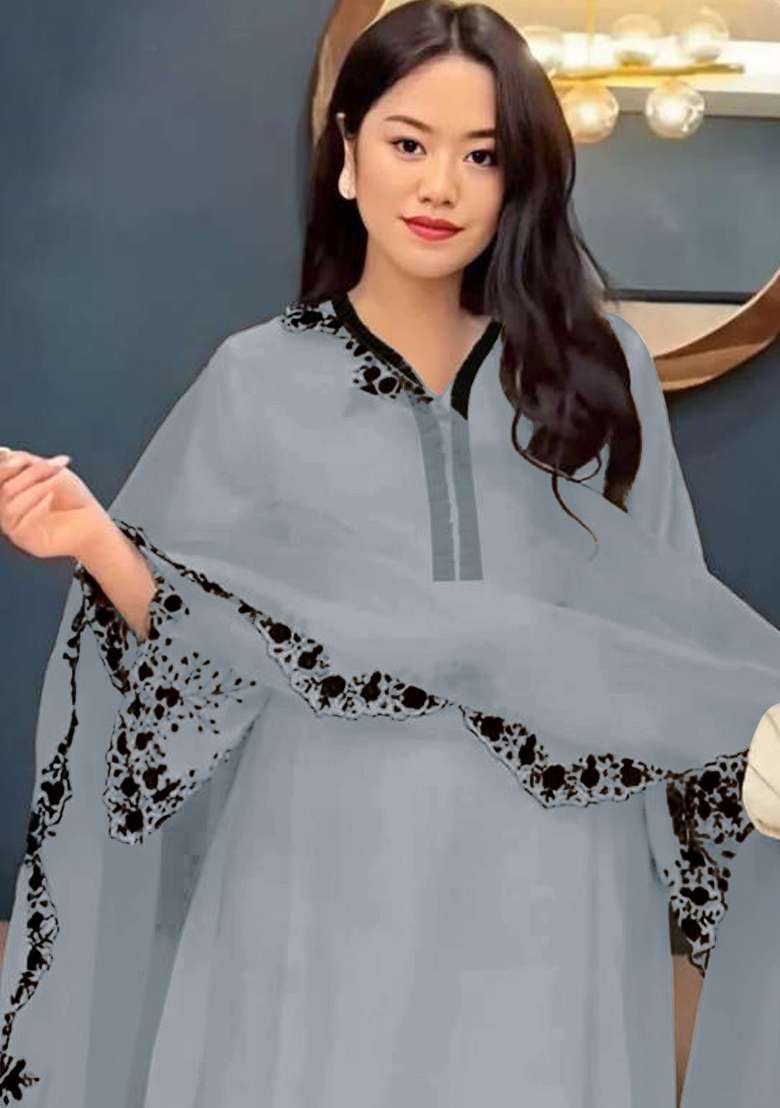 Light Grey Embroidery Georgette Pakistani Suit Set - Indya