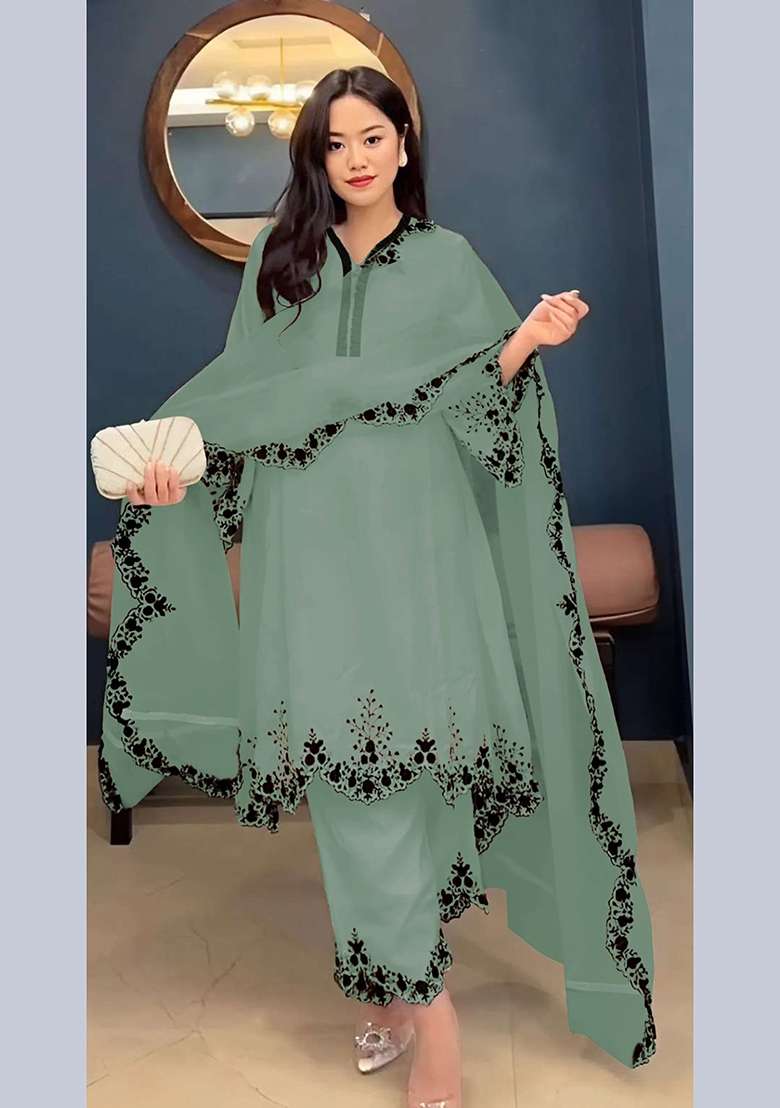 Light Green Embroidery Georgette Pakistani Suit Set - Indya
