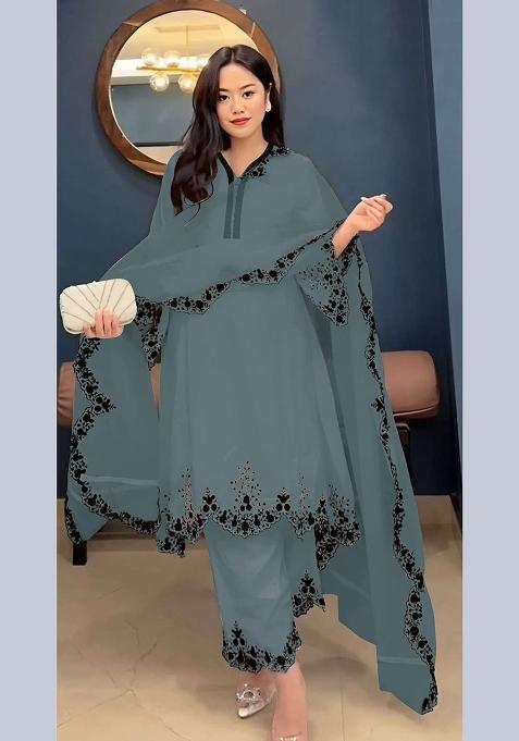 Grey Embroidery Georgette Pakistani Suit Set
