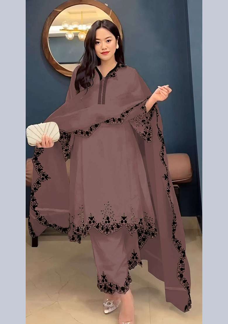 Brown Embroidery Georgette Pakistani Suit Set - Indya