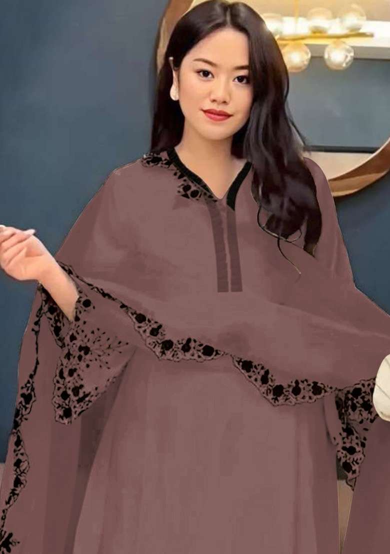 Brown Embroidery Georgette Pakistani Suit Set - Indya