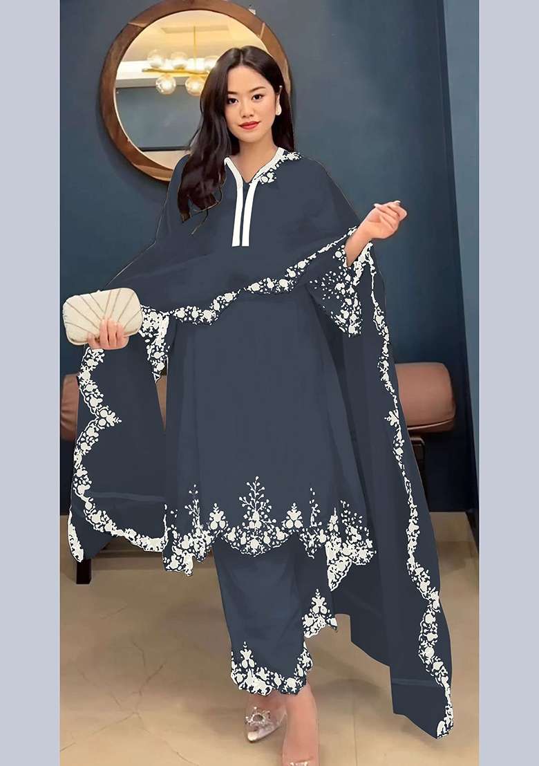 Dark Grey Embroidery Georgette Pakistani Suit Set - Indya