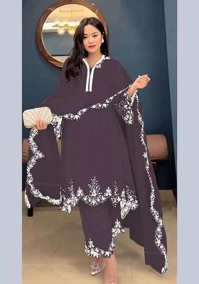 Wine Embroidery Georgette Pakistani Suit Set