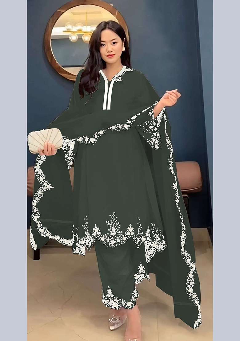 Green Embroidery Georgette Pakistani Suit Set - Indya