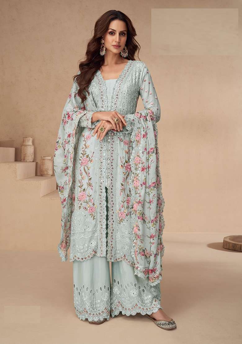 Sky Blue Embroidery Chinon Pakistani Suit Set - Indya