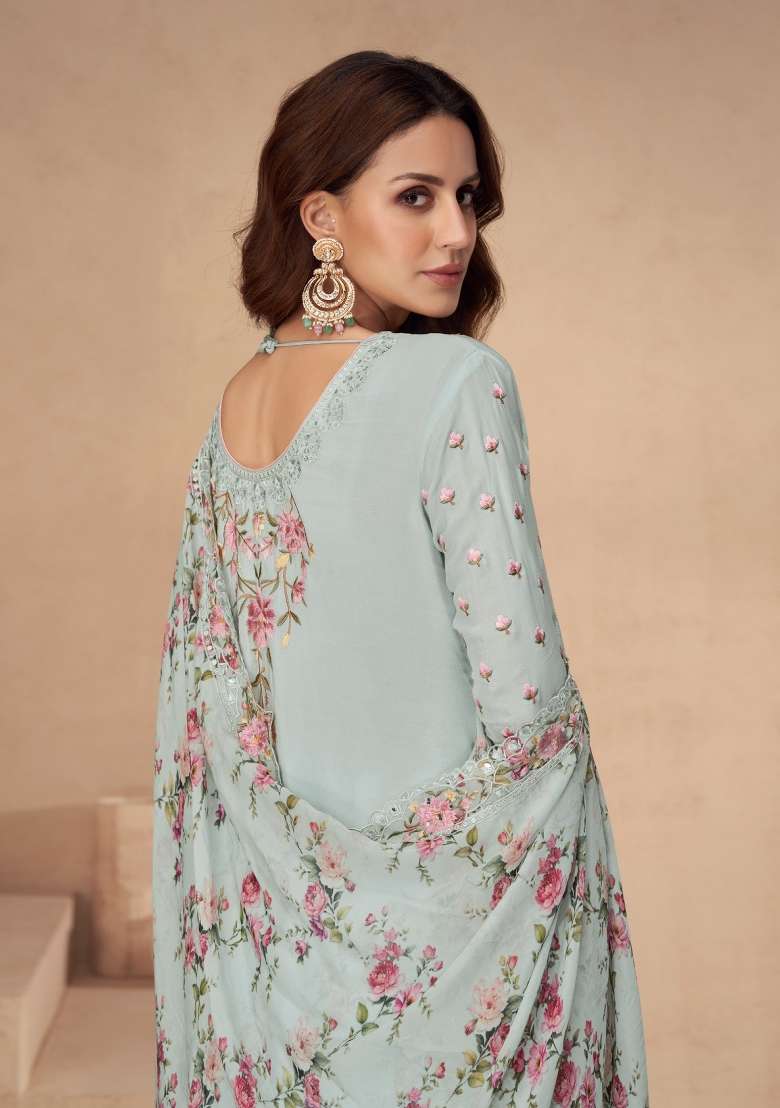 Sky Blue Embroidery Chinon Pakistani Suit Set - Indya