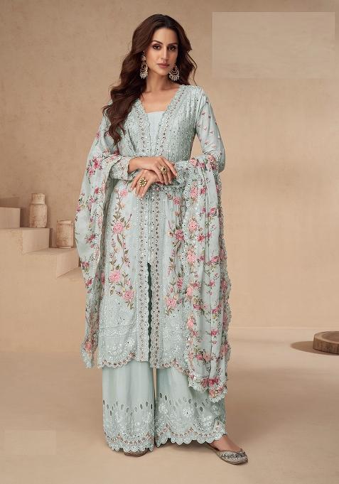 Sky Blue Embroidery Chinon Pakistani Suit Set