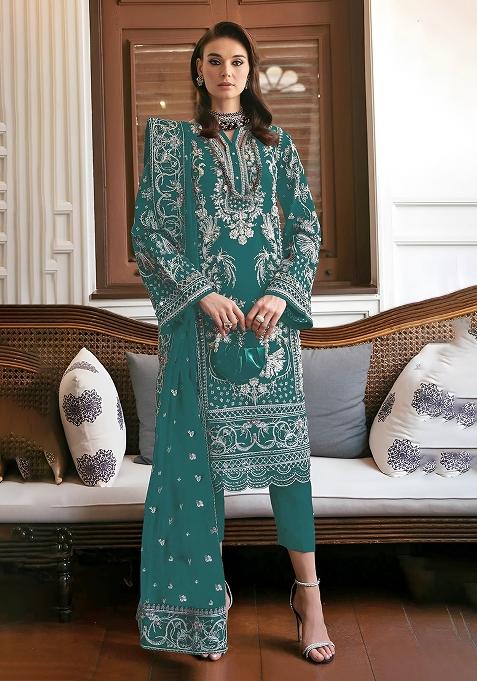 Teal Green Embroidery Georgette Pakistani Suit Set