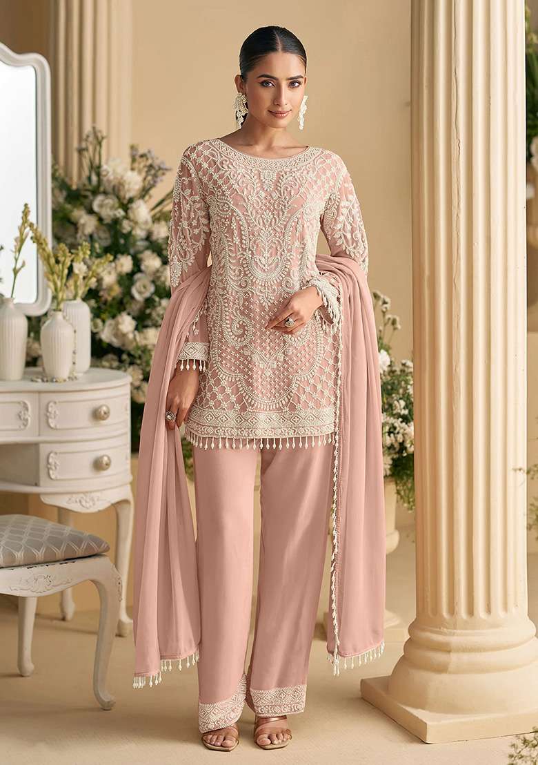 Soft Pink Embroidered Georgette Straight Kurta Set - Indya