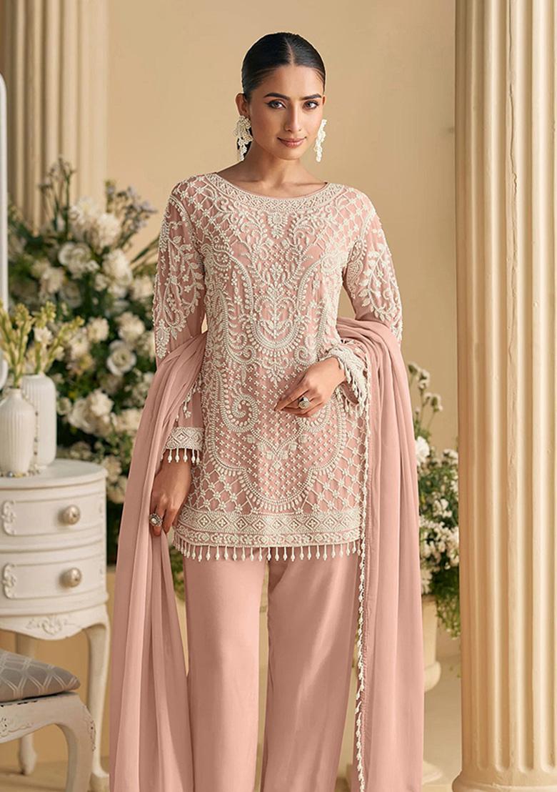 White Embroidery Georgette Kurta Set - Indya