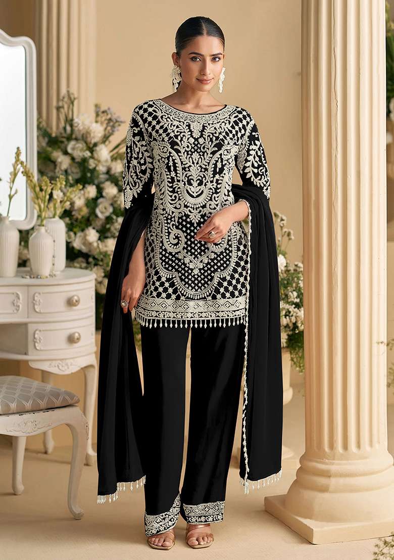 Black Embroidered Georgette Straight Kurta Set - Indya