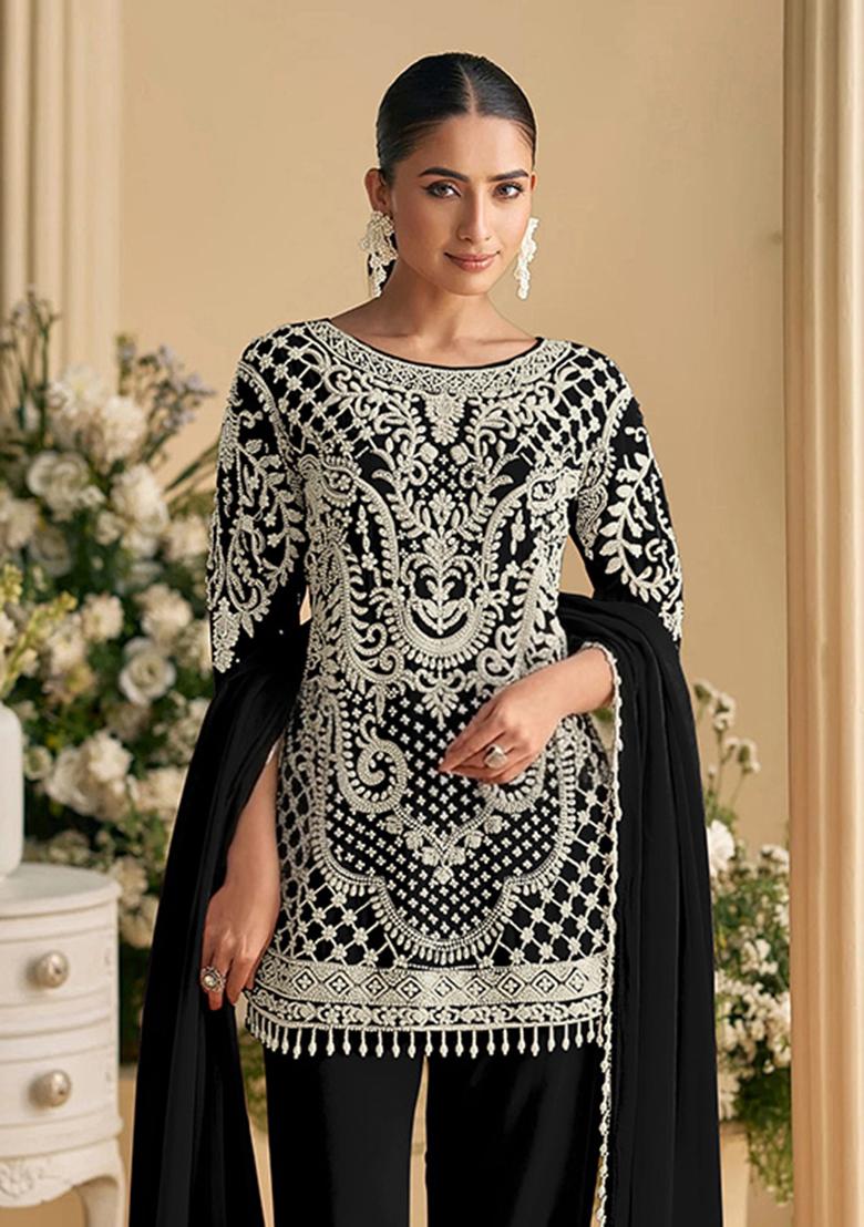 Beige Embroidery Georgette Kurta Set - Indya