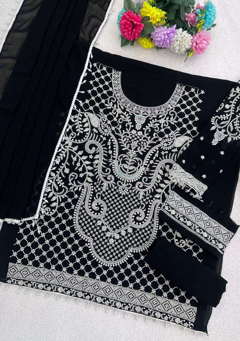 Black Embroidered Georgette Straight Kurta Set - Indya