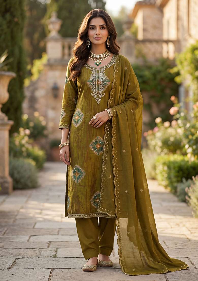 Mehendi Embroidered Rayon Punjabi Suit - Indya