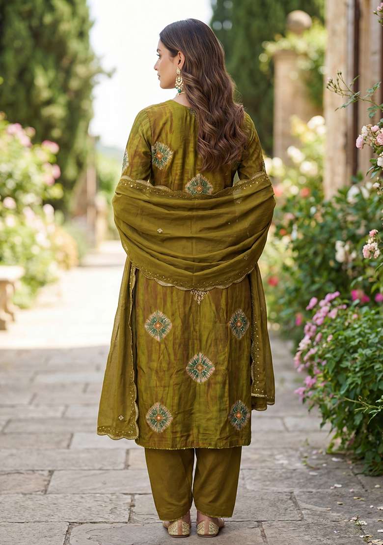 Mehendi Embroidered Rayon Punjabi Suit - Indya