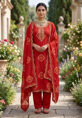 Red Printed Rayon Kurta Set