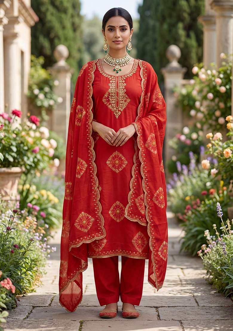 Red Embroidered Rayon Straight Kurta Set - Indya