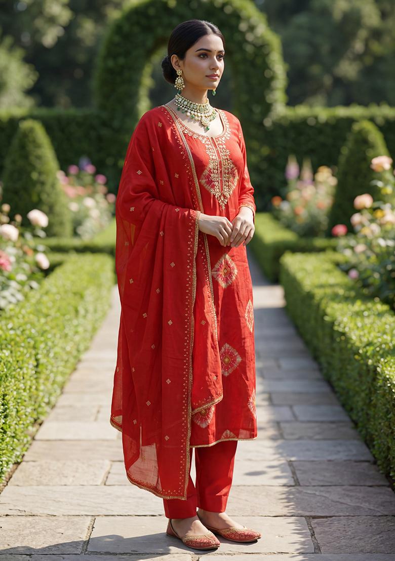 Red Printed Rayon Kurta Set - Indya