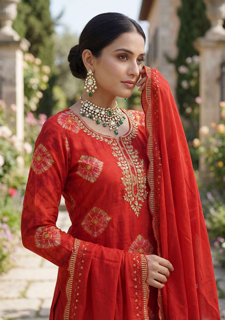 Red Embroidered Rayon Straight Kurta Set - Indya