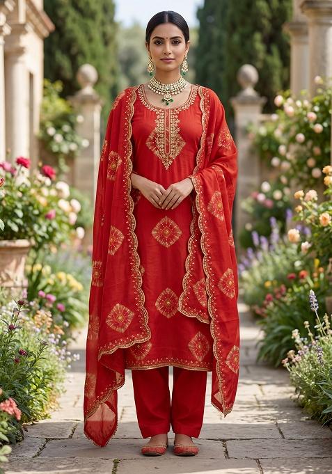 Red Printed Rayon Kurta Set