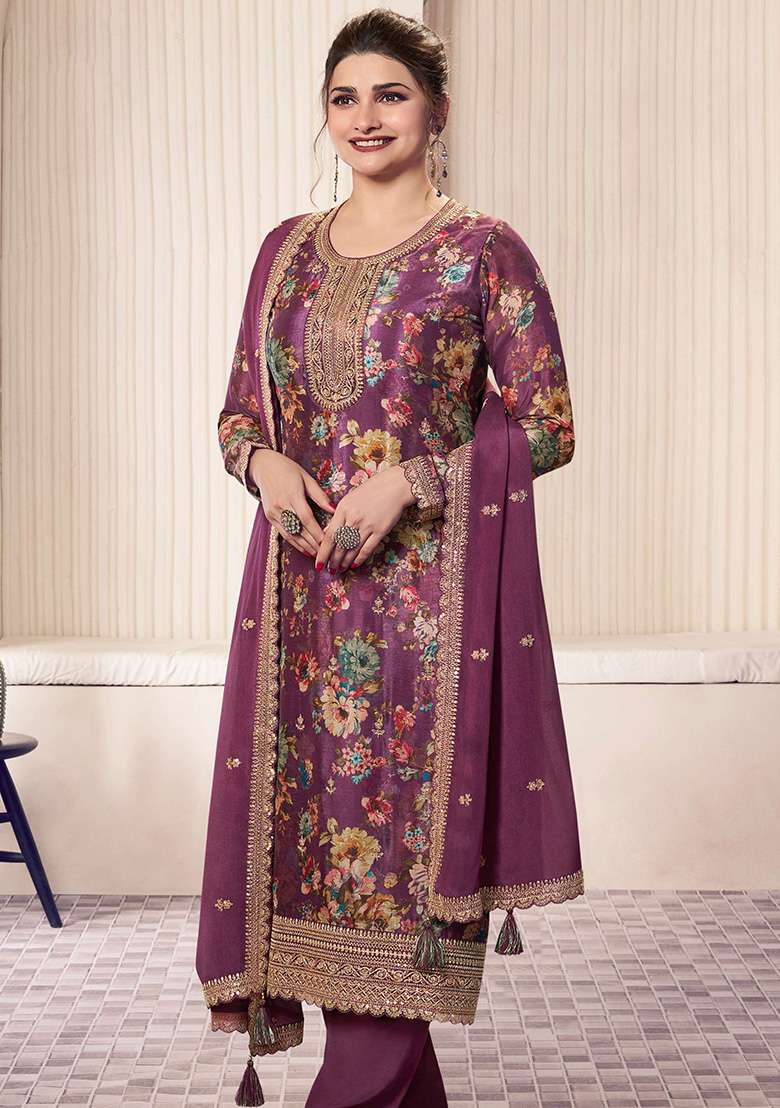 Wine Embroidered Chinon Pakistani Suit Set - Indya