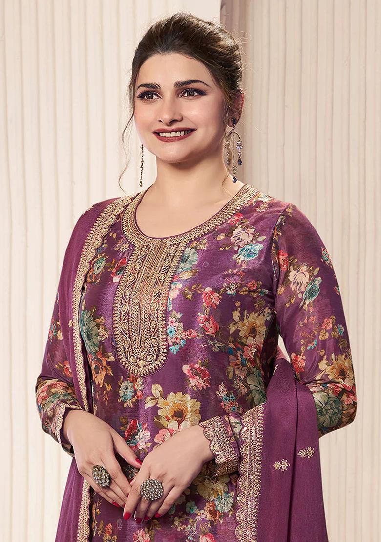 Wine Embroidery Chinon Kurta Set - Indya