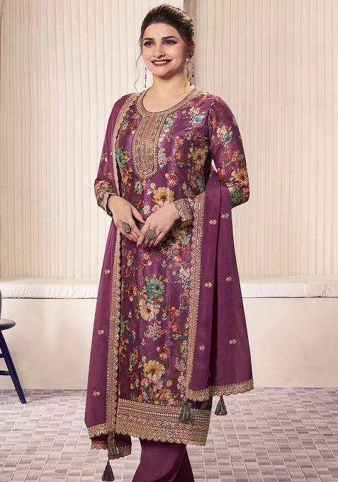 Wine Embroidery Chinon Kurta Set