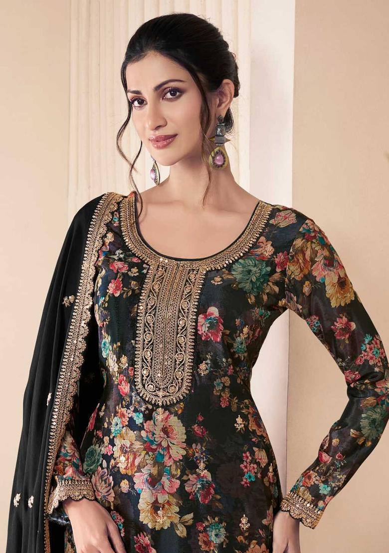 Wine Embroidery Chinon Kurta Set - Indya