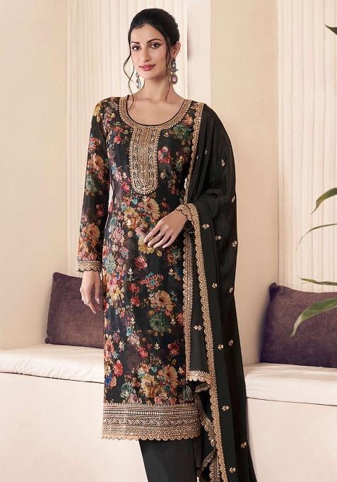 Wine Embroidery Chinon Kurta Set