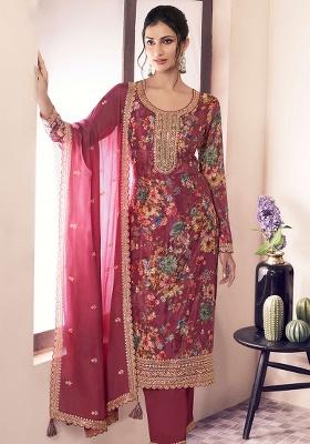 Wine Embroidery Chinon Kurta Set