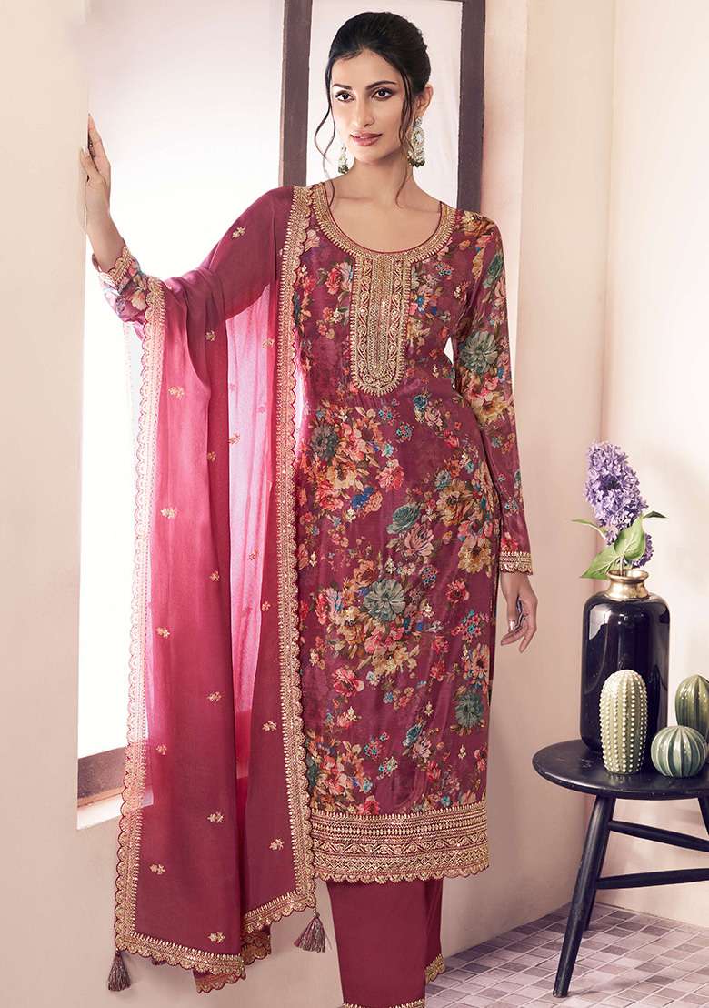 Wine Embroidered Chinon Pakistani Suit Set - Indya
