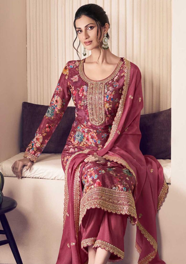 Wine Embroidery Chinon Kurta Set - Indya