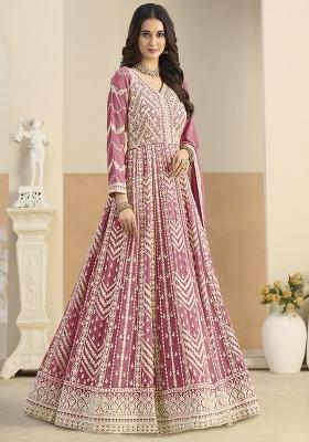 Pink Embroidered Georgette Anarkali Set