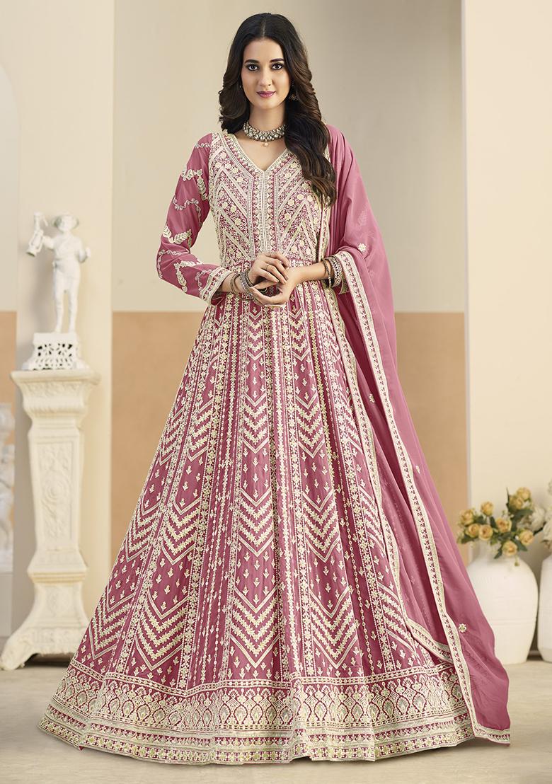 Pink Embroidered Georgette Anarkali Set - Indya