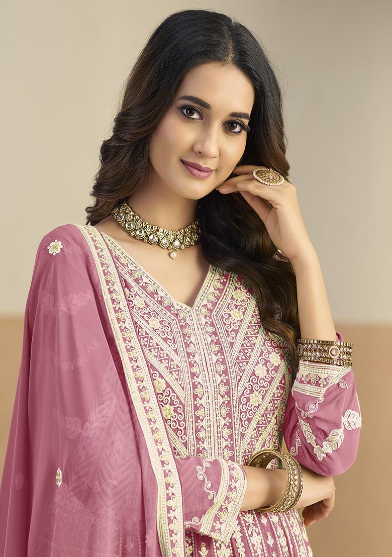 Pink Embroidered Georgette Anarkali Set - Indya