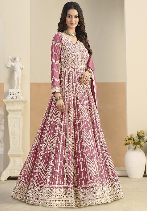 Pink Embroidered Georgette Anarkali Set