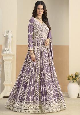 Purple Embroidered Georgette Anarkali Set