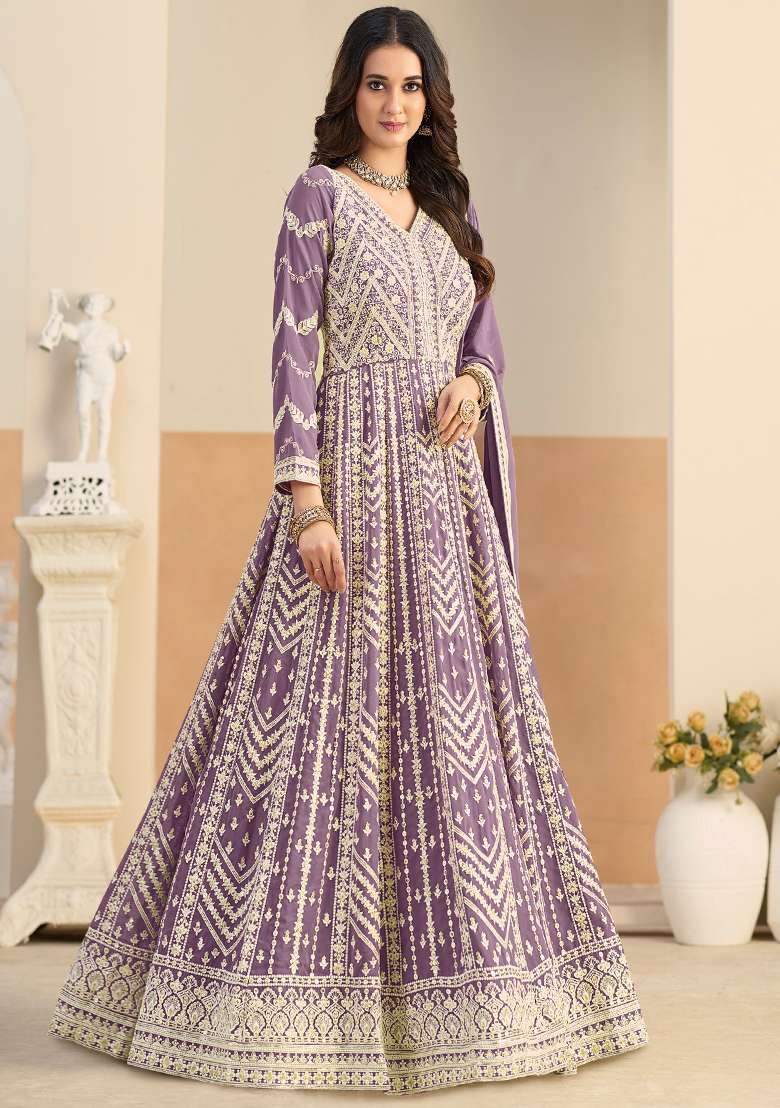 Purple Embroidered Georgette Anarkali Set - Indya