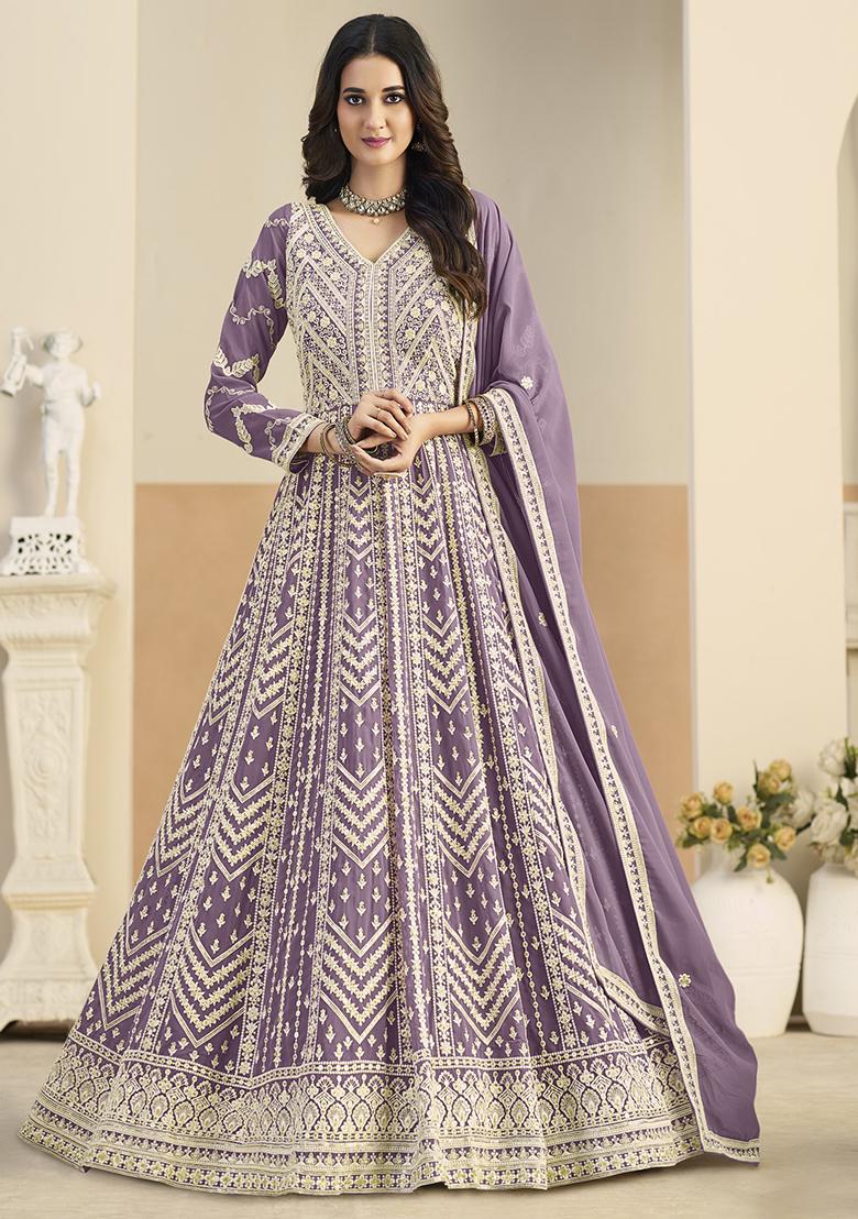 Purple Embroidered Georgette Anarkali Set - Indya
